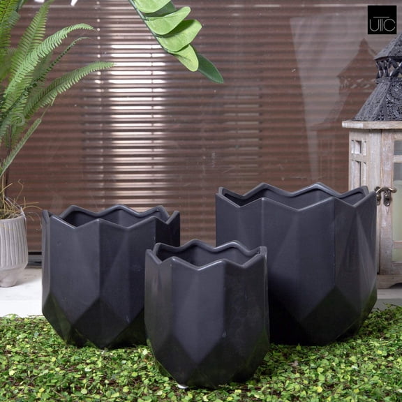 Gryphon Ceramic Geometric Planter Pot Set of 3 Modern Indoor Outdoor Planters, Black