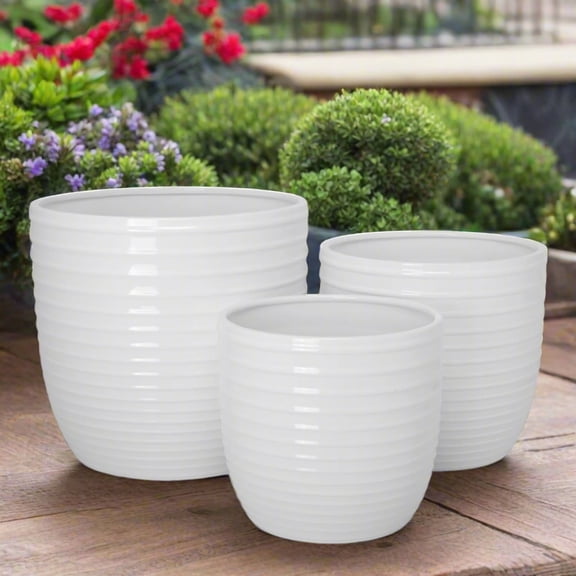 Loryne Ceramic Round Planter Set of 3, White Glossy Banded Pattern Decorative Pots