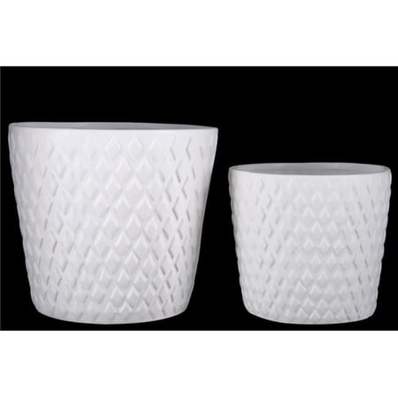 Ceramic Round Pot with Diamond Pattern Design Body & Tapered Bottom, Matte Finish, White - Set of 2