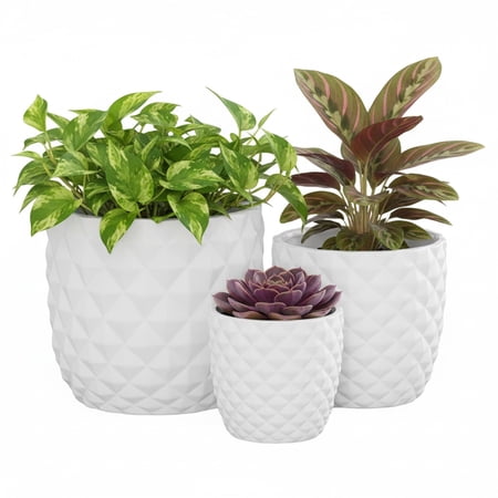 Urban Trends Ceramic Decorative Diamond Pattern Design Pot, Decor Center Piece for Home Décor for Living Room, Table, Office Decor: 8.00"x8.00"x7.50"H; 6.75"x6.75"x6.00"H; 5.00"x5.00"x4.75"H, White