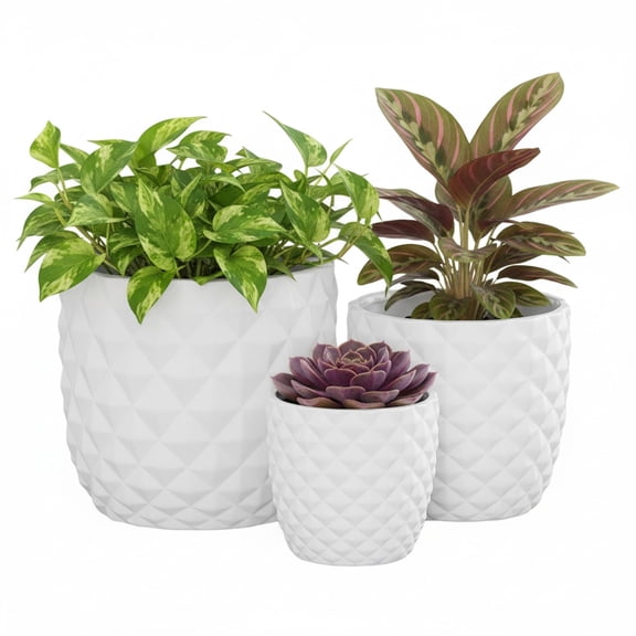 Urban Trends Ceramic Decorative Diamond Pattern Design Pot, Decor Center Piece for Home Décor for Living Room, Table, Office Decor: 8.00"x8.00"x7.50"H; 6.75"x6.75"x6.00"H; 5.00"x5.00"x4.75"H, White
