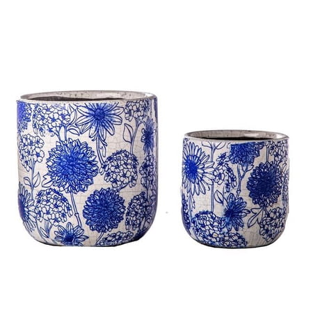 Ceramic Round Pot with Floral Combination & Crackled Body, Blue - Set of 2