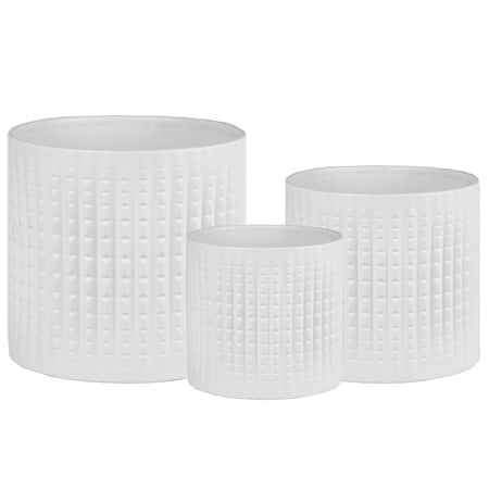 Ceramic Round Pot with Pressed Stripes Design Body Set of Three Matte Finish - White