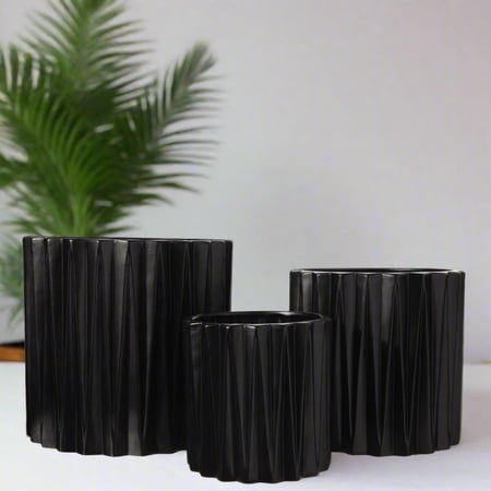 Olenna Textured Ceramic Horizontal Pot Set of 3 – Decorative Indoor Planter Pots for Home & Garden, Small Medium Large Ceramic Plant Pot ( Black)