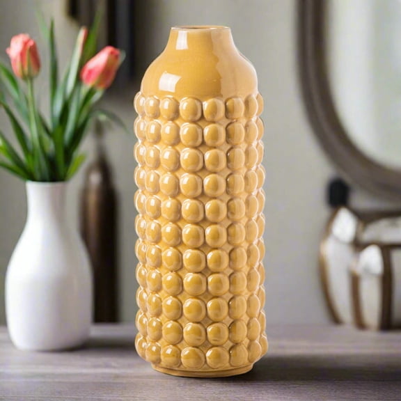 Nessa Round Bubbled Ceramic Vase – Decorative Textured Ceramic Flower Vase for Home Décor, Living Room, Bedroom, Tabletop & Shelf Accent (Size- 6.50"x16.50"H, Yellow)