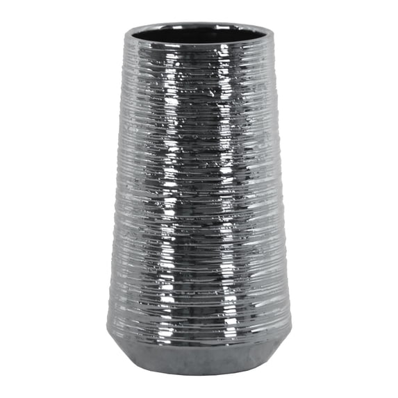 Ceramic Round Vase with Combed Design Body Large Electroplated Finish Silver