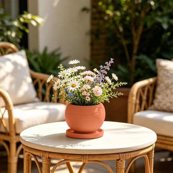 Ceramic Round Vase with Tray, Matte Striped Scandinavian Desktop Flower Planter for Fresh and Dried Flowers