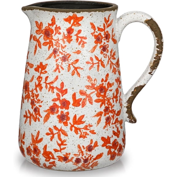 Ceramic Rustic Farmhouse Vase, 7.9" Orange Red and White Vase for Centerpieces Chinoiserie Vases Pottery Jug with Handle Chinoiserie French Country Decor Vintage Vases for Kitchen Dinner Table