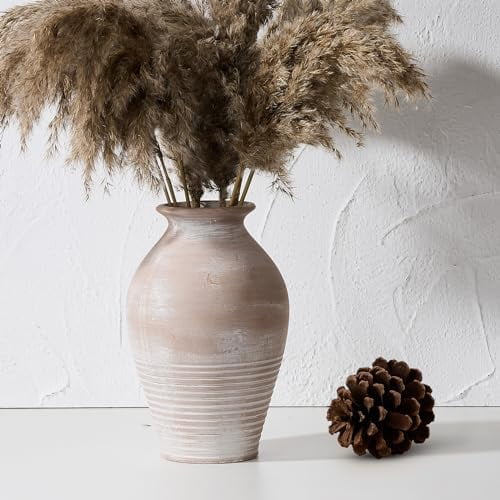 Ceramic Rustic Farmhouse Vase, 9.2 inch Whitewashed Terracotta Vase, Pottery Decorative Flower Vases,Clay Decorative Vases for Home Decor, Table, Living Room, Shelf, Mantel Decoration