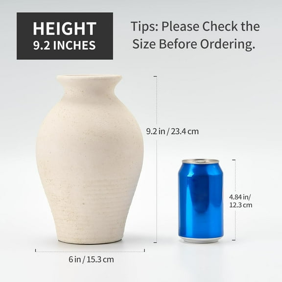 Ceramic Rustic Farmhouse Vase, 9.2 inch Whitewashed Terracotta Vase, Pottery Decorative Vases,Clay Decorative Vases for Home Decor, Table, Living Room, Shelf, Mantel Decoration(Off-White)