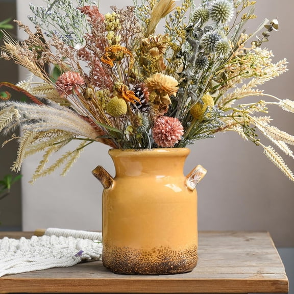 Ceramic Rustic Farmhouse Vase, Distressed Decorative Flower Vase for Home Decor, Ideal Shelf Decor, Yellow  Vases for Living Room Bedroom Kitchen Office Centerpiece Table Decorations