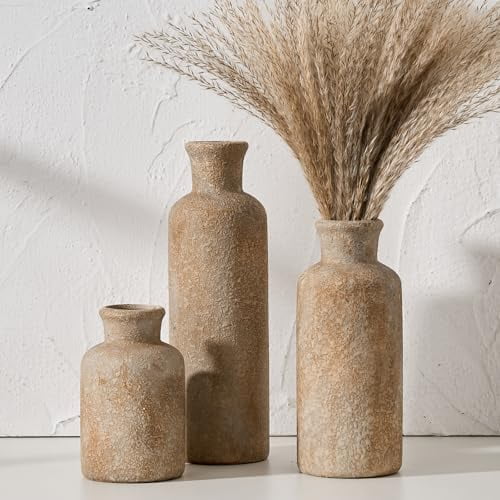 Ceramic Rustic Farmhouse Vase Set of 3,Terracotta Vases for Decor,Antique Vase for Your Bedroom,Office,Living Room,Fireplace,Bookshelf Decor,Housewarming (10+7.5+5 Inch)