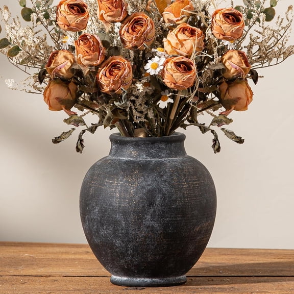 Ceramic Rustic Vase, 6 Inch Small Flower Farmhouse Vase Decorative Vase Short Pottery Vases for Home Decor Table Living Room Entryway Mantel Bookshelf Bedroom Bathroom Kitchen - Black