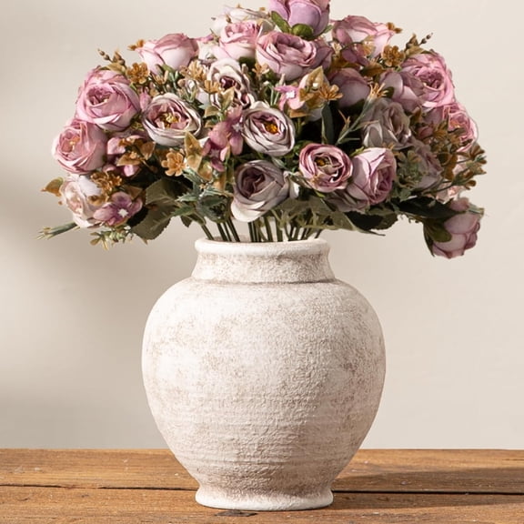 Ceramic Rustic Vase, 6 Inch Small Flower Farmhouse Vase Decorative Vase Short Pottery Vases for Home Decor Table Living Room Entryway Mantel Bookshelf Bedroom Bathroom Kitchen - Rustic White