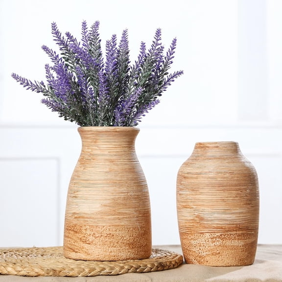Ceramic Rustic Vase Set of 2 Neutral Terracotta Vases,Farmhouse Decor Cotta Vase Pottery Decorative Flower for Home Table Living Room Table Shelf Entryway Decor