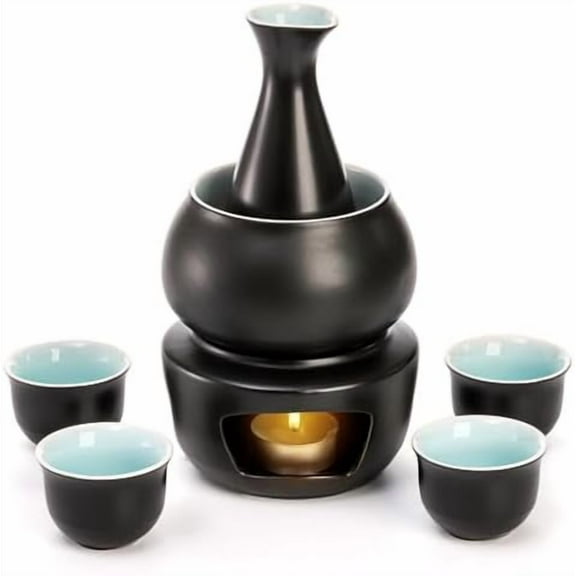 Ceramic Sake Set with Warmer, Japanese Style Porcelain Hot Saki Drink Warmer Set, 7 Pieces Set Including 1 Stove, 1 Warming Bowl, 1 Sake Bottle, 4 Sake Cups$$Home Decor, Kitchen, & Other