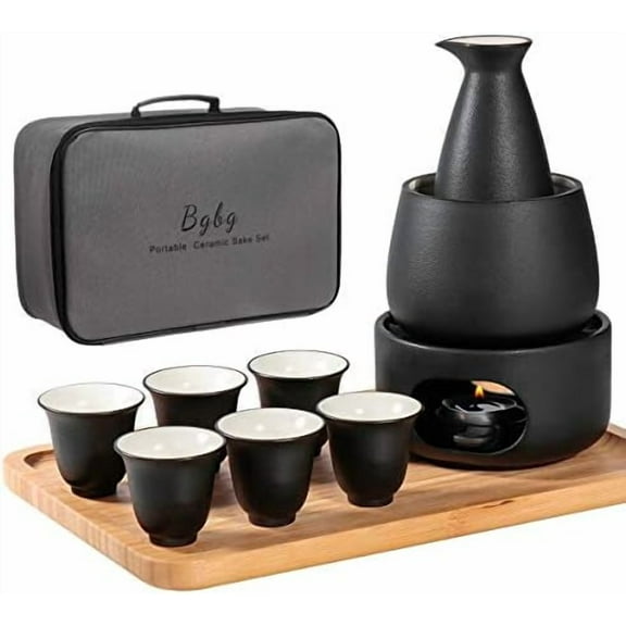 Ceramic Sake Set with Warmer Pot Bamboo Tray-Traditional Japanese Pottery Hot Saki Set 11-Piece including 1 Sake Pot,6 Sake Cups1 Warming Mug1 Candle Stove, 1 Candle Tea Light Holder and 1 Tray
