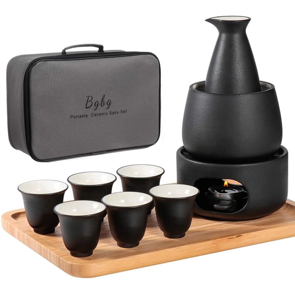 Ceramic Sake Set with Warmer Pot Bamboo Tray-Traditional Japanese Pottery Hot Saki Set 11-Piece including 1 Sake Pot,6 Sake Cups1 Warming Mug1 Candle Stove, 1 Candle Tea Light Holder and 1 Tray