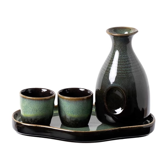Ceramic Sake Set with Warmer,4-Piece Japanese Saki Set with 1 Sake Pot, Traditional Sake Kettle Retro Cups Tray, Sake Pot for Dining and Entertaining