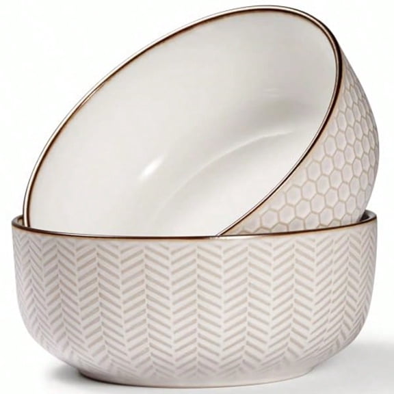 Ceramic Salad Bowls Emed Large Kitchen Bowls For Serving Pasta Soup Fruits Microwave and Dishwasher Safe Cream with Dark Copper Accents Set of 2 60 oz Narbonne Collection