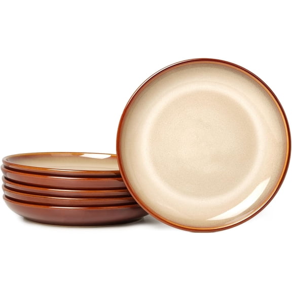 Ceramic Salad Plates Set of 6, 8.0 Inch Reactive Glaze Dish Set, Small Dinner Plate for Dessert, Salad, Appetizer, Microwave & Dishwasher Safe, Scratch Resistant-Brown and Green