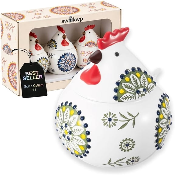 Ceramic Salt Cellar with Lid, Chicken Shaped Spice Holder, Cottagecore Farmhouse Kitchen Decor, Sugar Bowl & Spoon Set, Countertop Storage Jar, 13.5 oz(XX)