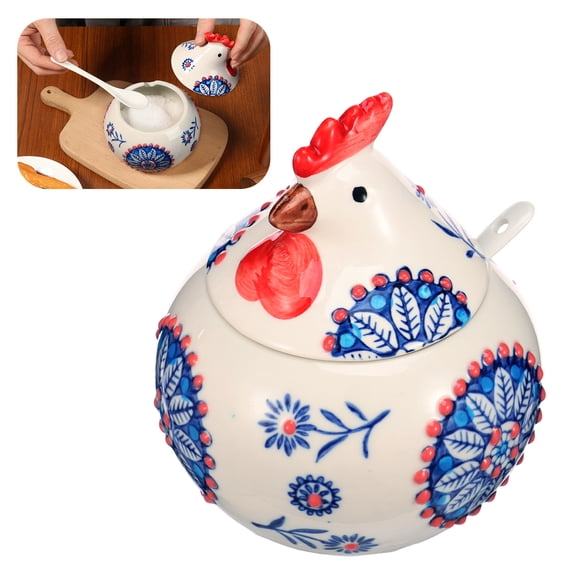 Fkszll Ceramic Salt Cellar with Lid and Spoon 13 OZ Large Chicken Salt Jar Salt Holder for Counter Coffee Sugar Spices and Candies Salt Containers for Countertop (Blue)
