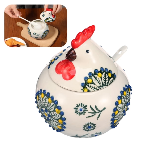 Fkszll Ceramic Salt Cellar with Lid and Spoon 13 OZ Large Chicken Salt Jar Salt Holder for Counter Coffee Sugar Spices and Candies Salt Containers for Countertop (Green)
