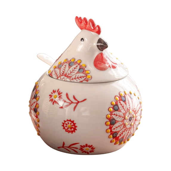 Ceramic Salt Cellar with Lid and Spoon, Rooster Kitchen Decor Salt Box and Salt Container for Chicken Salt, Sugar and Seasoning, Cute Chicken Decor Countertop Storage,400ml
