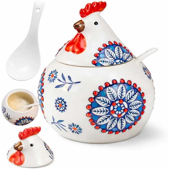 Ceramic Salt Cellar with Lid and Spoon, 13 oz Large Chicken Salt Jar, Countertop Storage Container for Salt, Sugar, Coffee, Spices