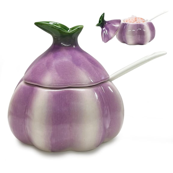 Ceramic Salt Container,Cute Onion Shaped Salt Cellar ,Salt Cellar with Lid and Spoon,Multi-Purpose Kitchen Spice Container for Salt Sugar or Spices Storage (Purple)