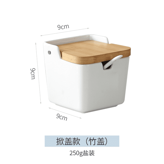 Ceramic Salt Container with Wood Lid, 3.5 x 3.5 in / 9 x 9 cm Square Salt Box, Easy to Clean, Lightweight Lid, Space-Saving Salt Keeper for Kitchen, Holds 8.8 oz