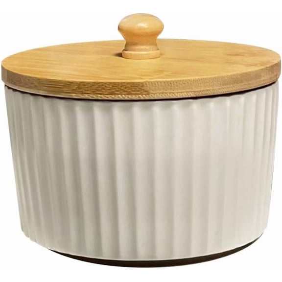 Ceramic Salt and Pepper Bowl with Bamboo Lid, Large Capacity Ceramic Sugar Bowl Pepper Box, Wooden Lid Spice Cellar, Kitchen Seasoning Storage Container Seasoning Pot (White)