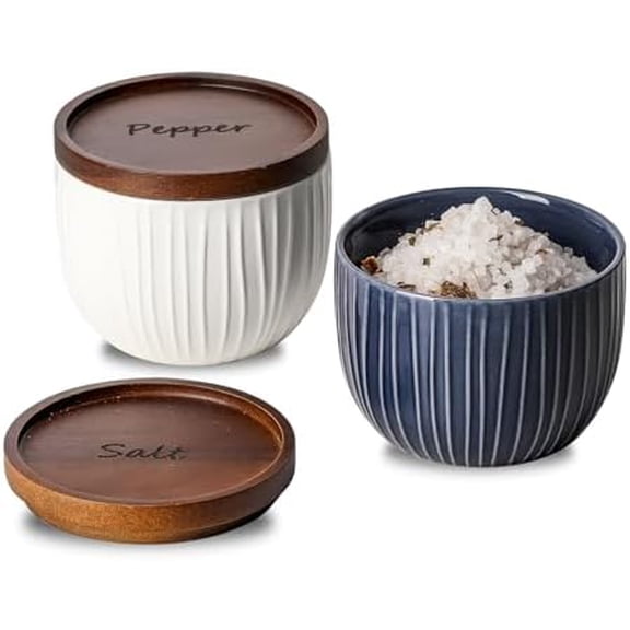 Ceramic Salt and Pepper Bowls: 10 oz Stackable Spice Cellar with Wooden Lid - Stacked Seasoning Storage Containers for Kitchen Countertop - Navy & White, Set of 2