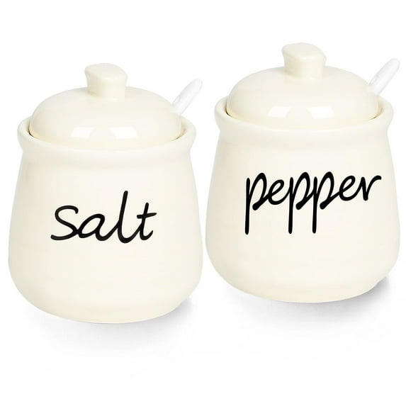 Ceramic Salt and Pepper Bowls with Lid and Spoon 12oz (Beige)