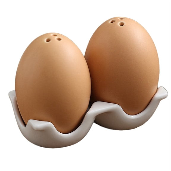 Ceramic Salt and Pepper Shaker Set, Mini Brown Egg Shaped Shakers with Carton Design Holding Stand