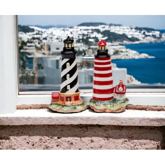 Ceramic Salt and Pepper Shakers Lighthouse Black Red