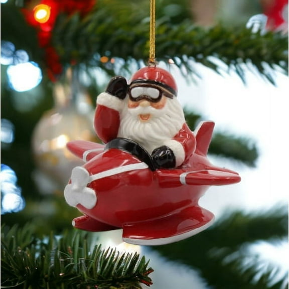 Ceramic Santa Claus Flying Red Airplane Ornament 3.75 Inch Holiday Decor