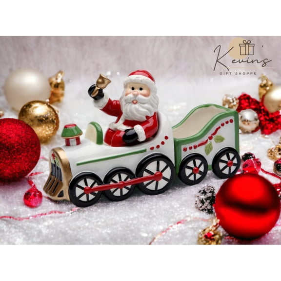 Ceramic Santa Driving Train Salt and Pepper Shakers with Sugar Pack Holder 6.25"