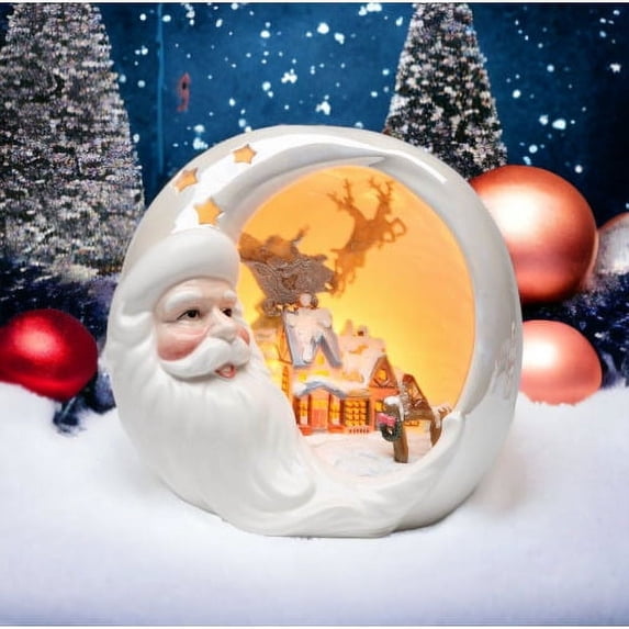 Ceramic Santa Night Light with Christmas House 8"