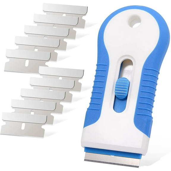 Ceramic Scraper Tool with 10 Stainless Steel Blades, Multi-Purpose Sticker and Adhesive Remover, Blue