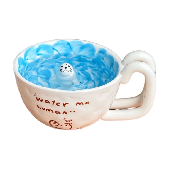 Ceramic Seal Mug, Cute 3D Ceramic Seal Coffee Mug and Saucer Set Hand Painted Blue Ocean Wave Tea Cup With Funny Lettering Office Espresso Milk Mug Creative Marine Animal Drinkware, Blue
