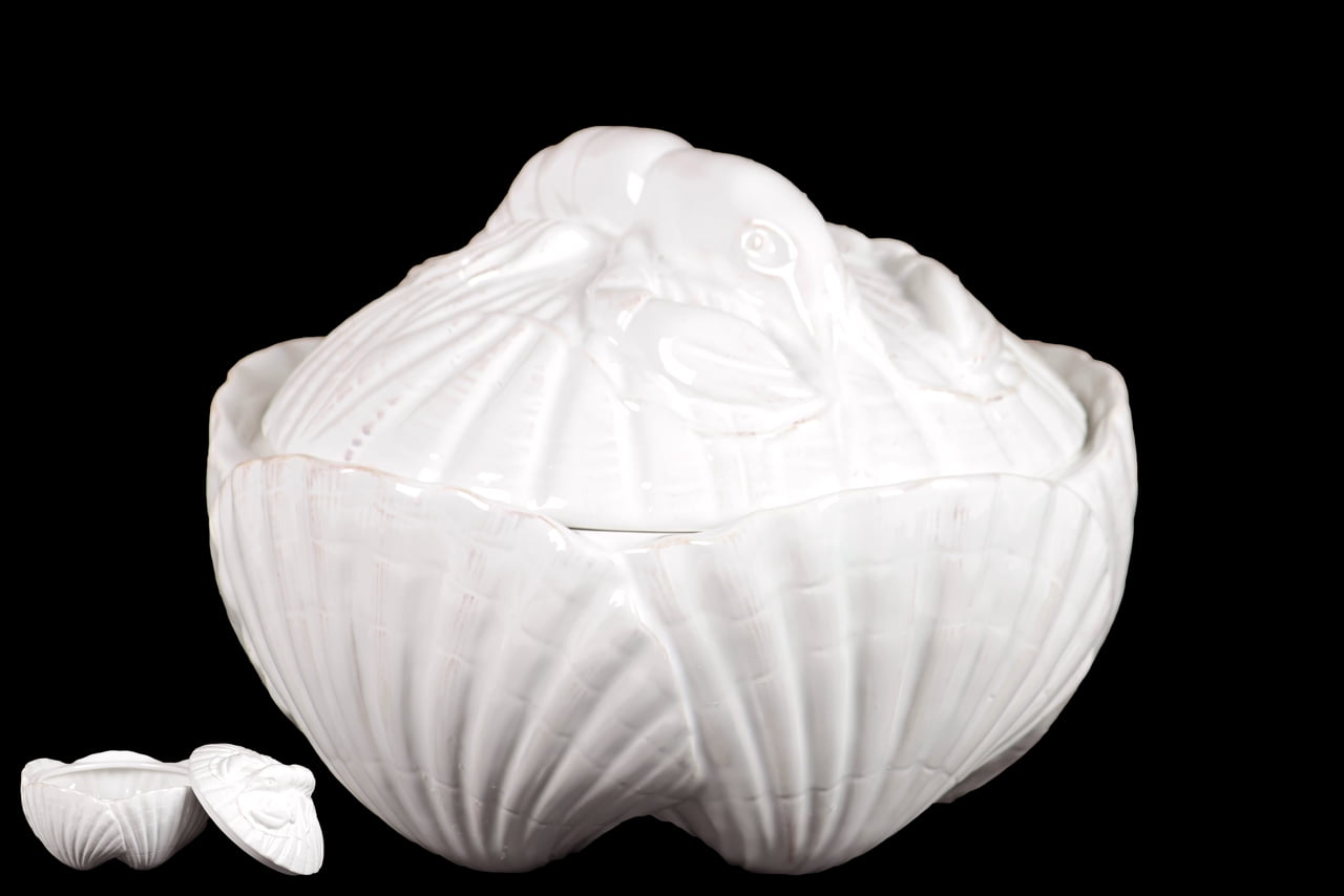 Ceramic Seashell Container W/ Magnificently Sculpted Lobster On The Lid