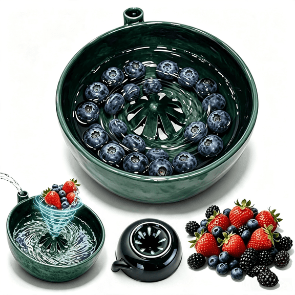 Ceramic Self Spinning Berry Washing Bowl, 7.87 Inch 360° Vortex Swirl Fruit Vegetable Rinser Bowl with Drain Holes for Kitchen Counter