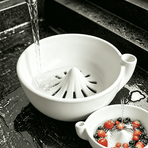 Ceramic Self Spinning Vortex Berry Washing Bowl, 7.87 Inch 360° Swirl Fruit Vegetable Rinser with Drain Holes, Kitchen Counter Berry Washer Bowl