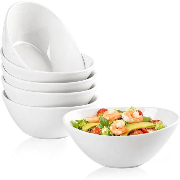 Ceramic Serving Bowls, 20 OZ 6 Pack Fruit Display Dishes Oval Bowls Set, 7 Inch Microwave Safe White Porcelain Kitchen Bowl for Salad, Ice Cream, Pasta, Cereal and Party Dinner