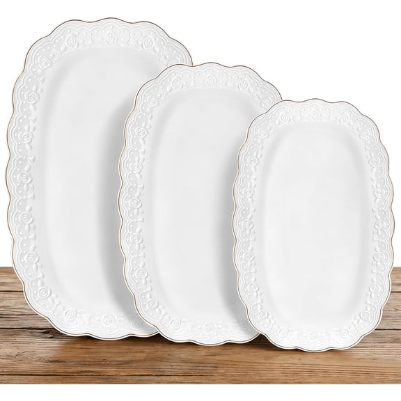 Ceramic Serving Platter Set | 16/14/12 Oval Serving Trays for Entertaining at Parties and Weddings | Oven Safe Extra Large Serving Trays for Tacos, Steak, and Cake