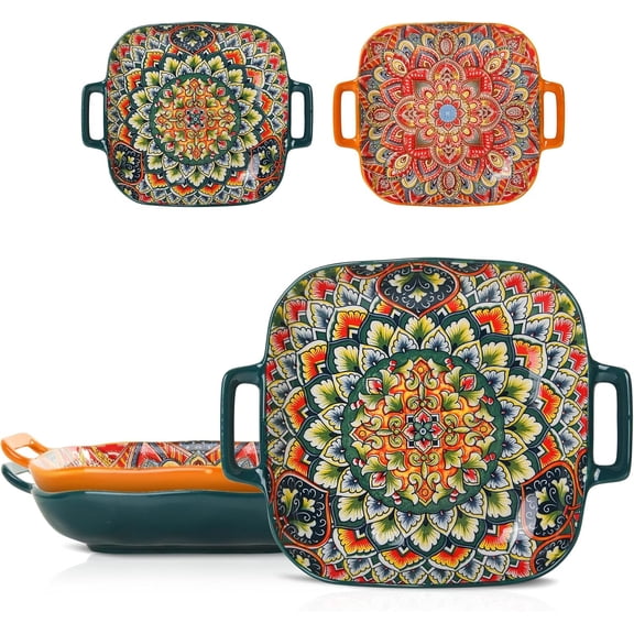 Ceramic Serving Platter with Handles, Set of 2, Bohemian Ceramic Plate,Square Dinner Plate,Colorful Salad Dish,Retro Fruit Plate (Green + Orange)