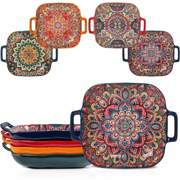 Ceramic Serving Platter with Handles,Set of 4,Bohemian Ceramic Plate,Square Dinner Plate,Colorful Salad Dish,Retro Fruit Plate