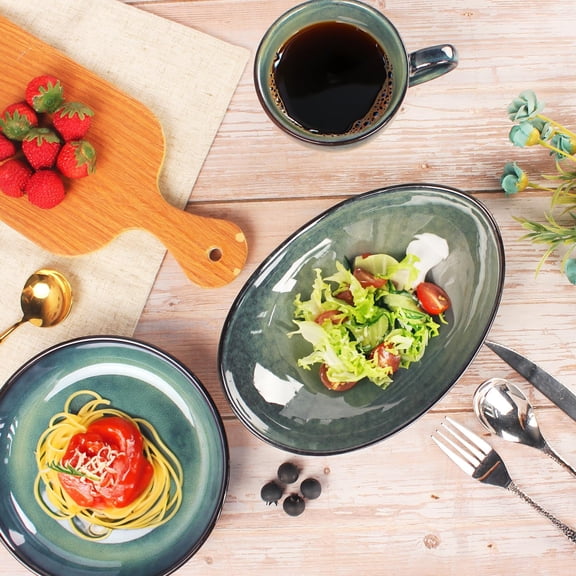 Ceramic Serving Platters Set of 4, 9.6 Inch Curved Oval Deep Salad Plates for Entertaining, Modern Kitchen Dishes, Trays for Dinner, Fruit, Salad, Pasta, burgers - Dishwasher Microwave Safe